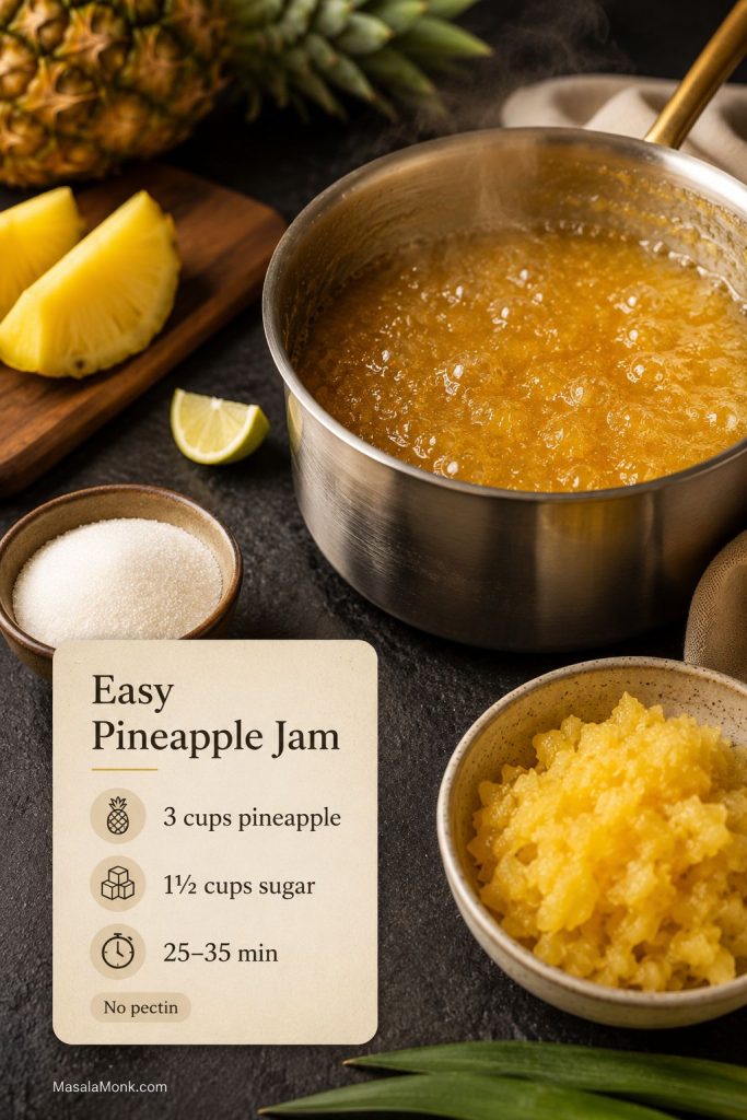 Saucepan of bubbling pineapple jam with crushed pineapple, sugar, citrus, and a quick ratio guide