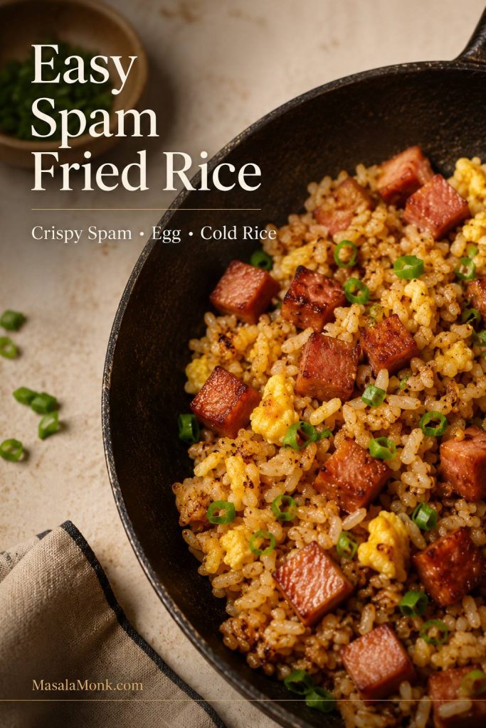 A close-up image of easy Spam fried rice with crispy Spam cubes, egg, vegetables, scallions, and a bold title overlay.