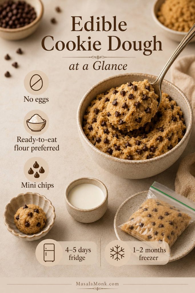 At-a-glance edible cookie dough guide showing no eggs, ready-to-eat flour preferred, mini chocolate chips, and fridge and freezer storage times.
