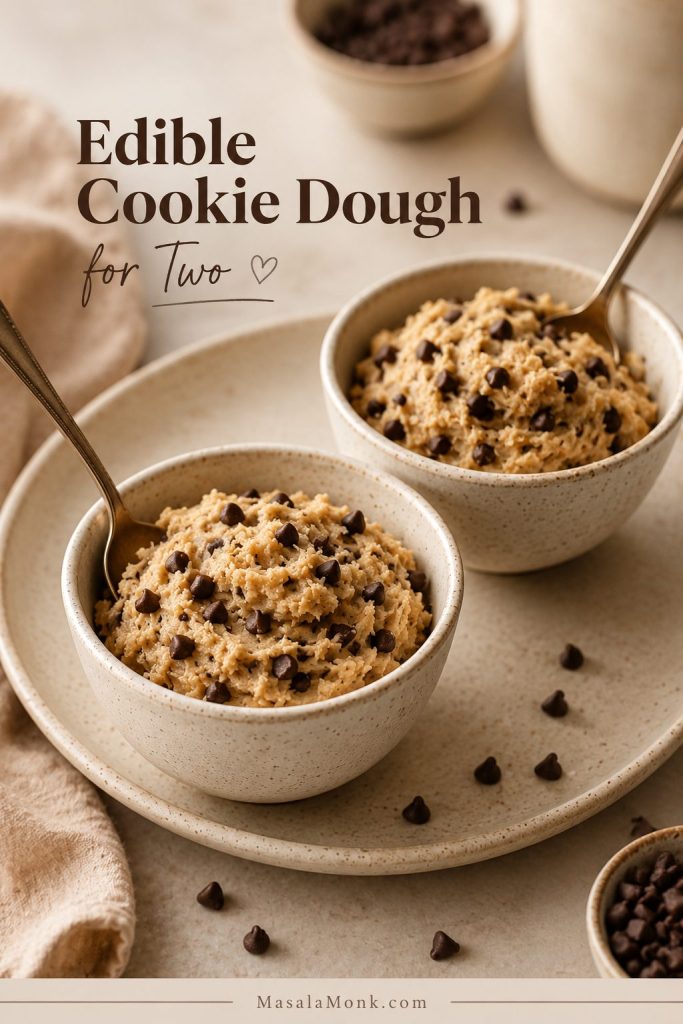 Two small bowls of edible cookie dough with spoons, arranged as a dessert for two.