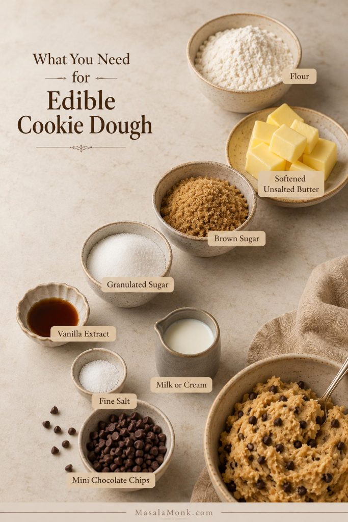 Ingredients for edible cookie dough arranged on a counter, including flour, softened butter, brown sugar, granulated sugar, vanilla, salt, milk, and mini chocolate chips.