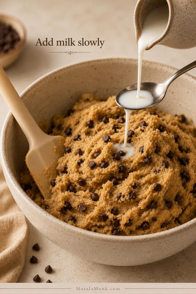A small amount of milk is being added to thick edible cookie dough in a bowl while a spoon rests nearby.