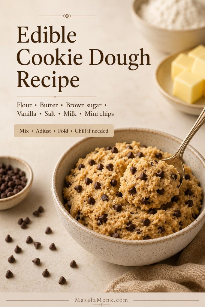 Recipe card image for edible cookie dough showing the main ingredients and a simple method beside a bowl of cookie dough.