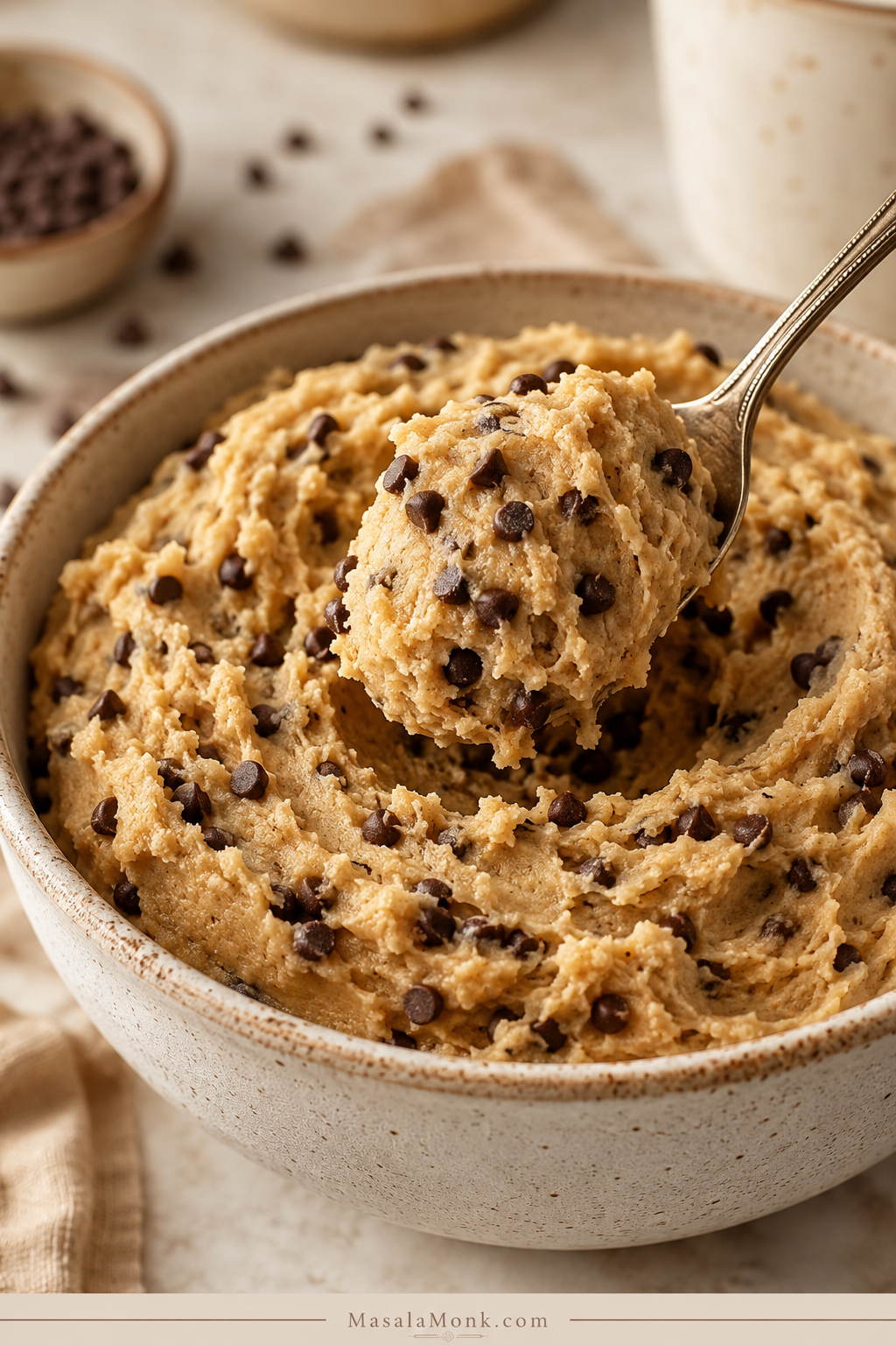 A spoon lifts soft chocolate chip edible cookie dough from a bowl, showing a creamy texture with mini chocolate chips throughout.