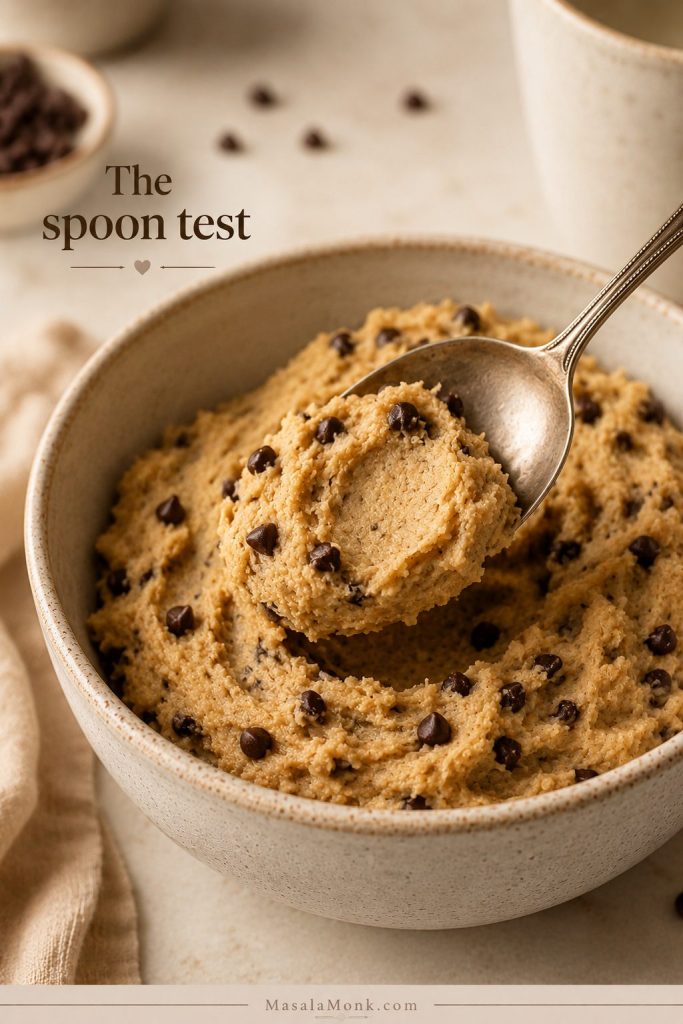 A spoon presses into and lifts edible cookie dough, showing a soft texture that holds its shape.