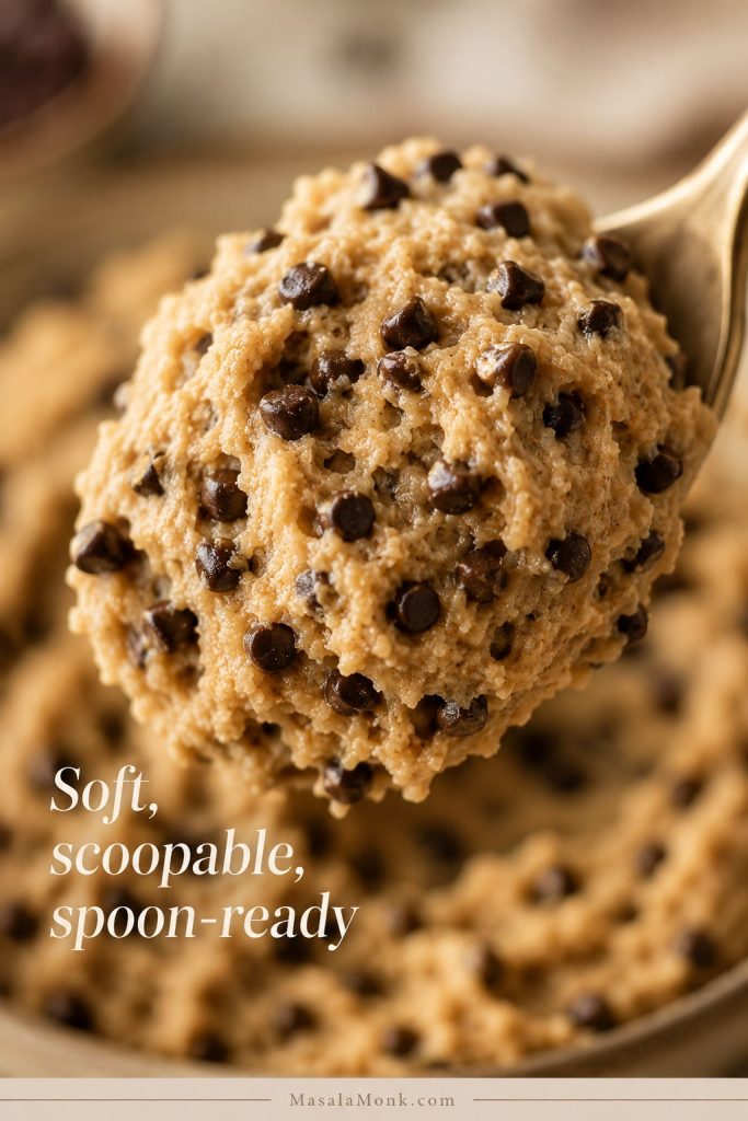 Close-up spoonful of edible cookie dough held above a bowl, showing a thick, creamy texture with mini chocolate chips.