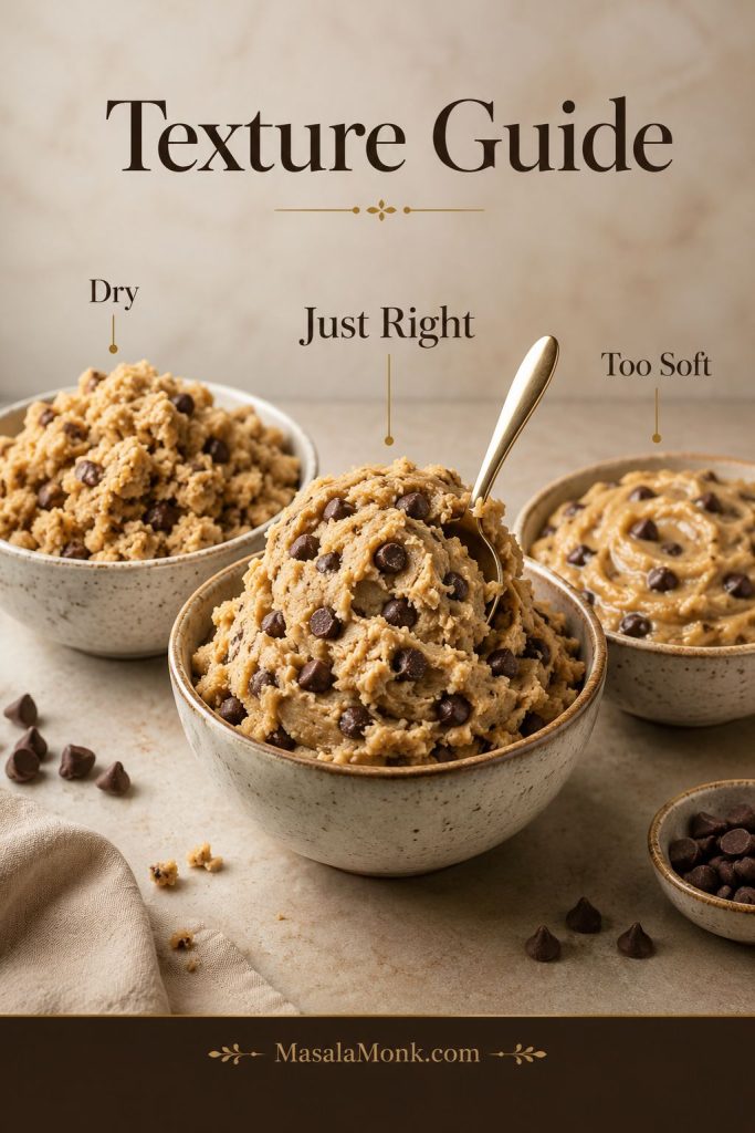 Three bowls compare edible cookie dough textures labeled dry, just right, and too soft.