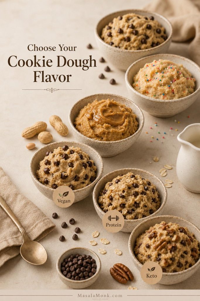 Variation guide showing several edible cookie dough styles, including chocolate chip, peanut butter, vegan, protein, keto, and sprinkle-topped options.