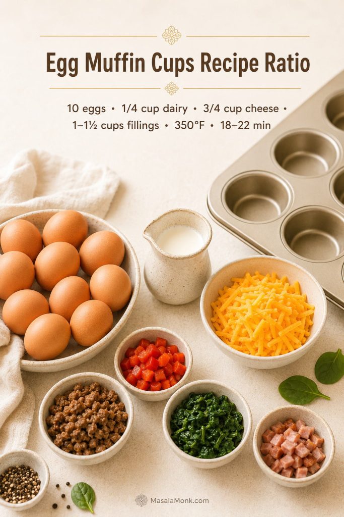 Egg muffin cups recipe ratio board showing eggs, dairy, cheese, cooked fillings, oven temperature, and bake time.
