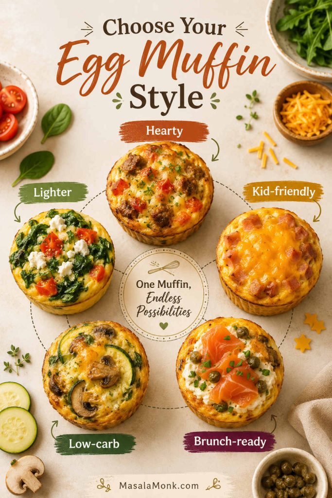 Egg muffin variations arranged in a flavor wheel with lighter, hearty, kid-friendly, low-carb, and brunch-ready styles.
