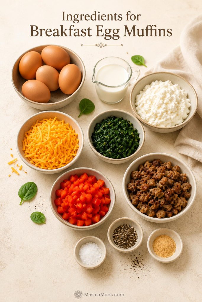 Ingredients for egg muffins arranged on a light surface, including eggs, dairy, cheese, bell pepper, cooked spinach, cooked protein, and seasonings.