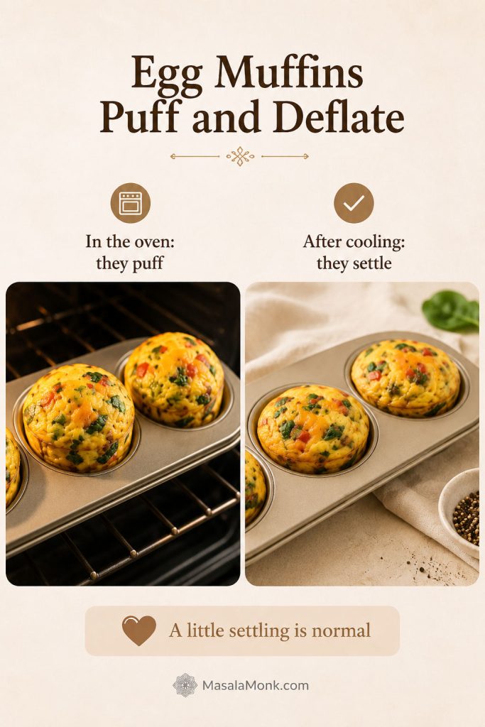 Egg muffins puffed in the oven and slightly settled after cooling, showing that a little deflation is normal.