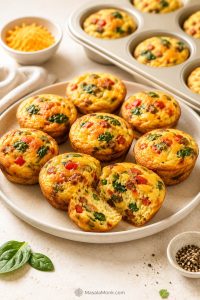 Golden breakfast egg muffins on a cream plate, with one muffin cut open to show egg, spinach, bell pepper, cheese, and cooked meat.