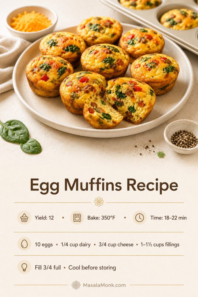 Saveable egg muffins recipe card with yield, bake temperature, bake time, fill level, and meal prep reminders.