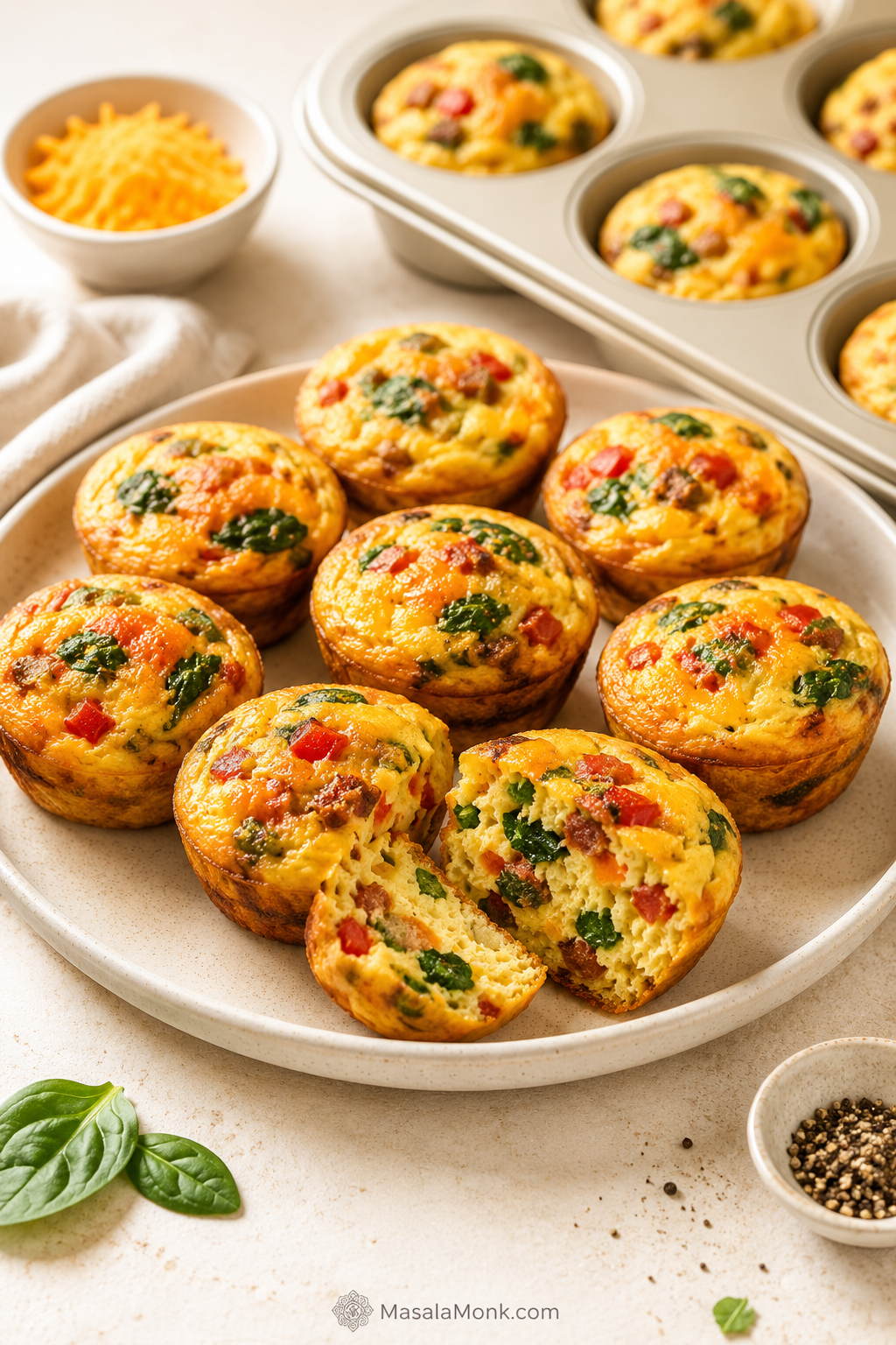 Golden breakfast egg muffins on a cream plate, with one muffin cut open to show egg, spinach, bell pepper, cheese, and cooked meat.