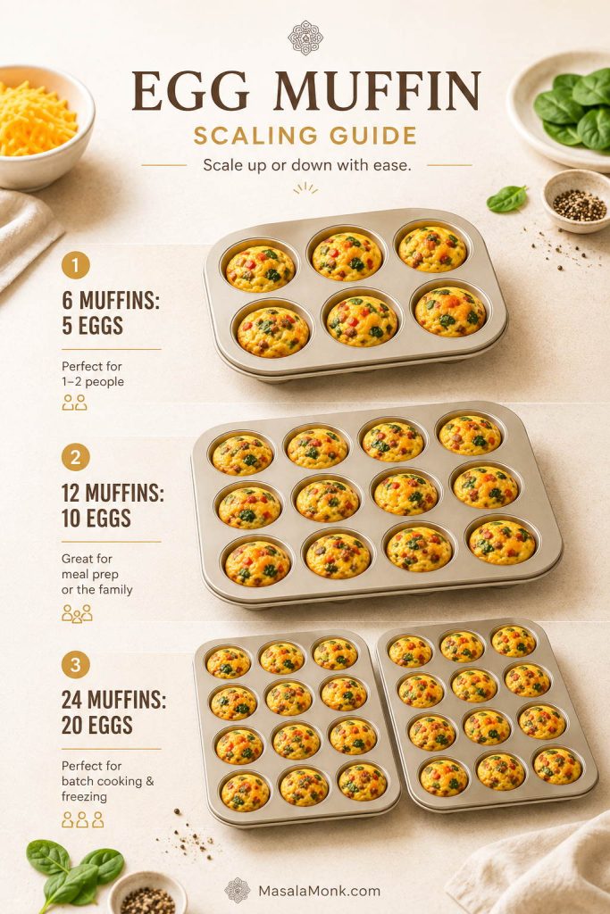 Egg muffins scaling guide showing 6 muffins, 12 muffins, and 24 muffins with matching egg amounts.