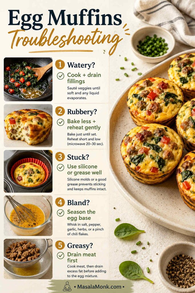 Egg muffins troubleshooting guide with fixes for watery, rubbery, stuck, bland, and greasy egg muffins.