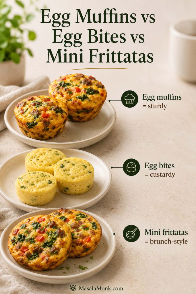 Comparison of egg muffins, egg bites, and mini frittatas on separate plates, labeled sturdy, custardy, and brunch-style.