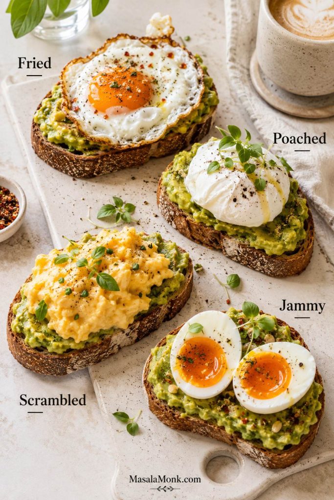 Egg styles for avocado toast showing fried, poached, scrambled, and jammy egg versions on small toasts.