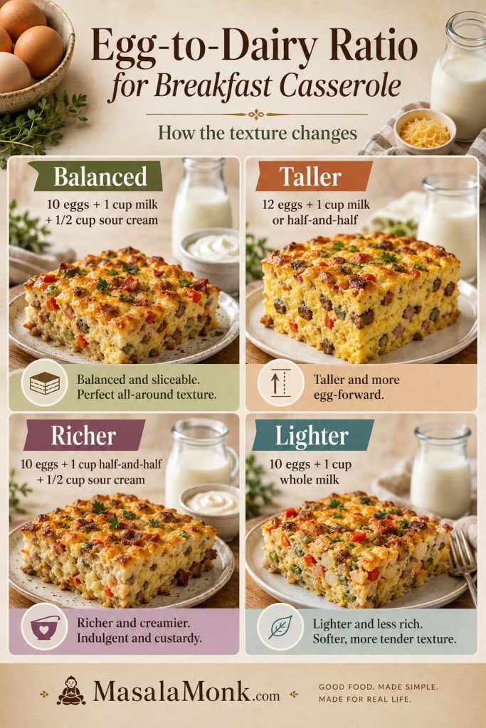 Egg-to-dairy ratio guide for making hash brown breakfast casserole balanced, taller, richer, or lighter.