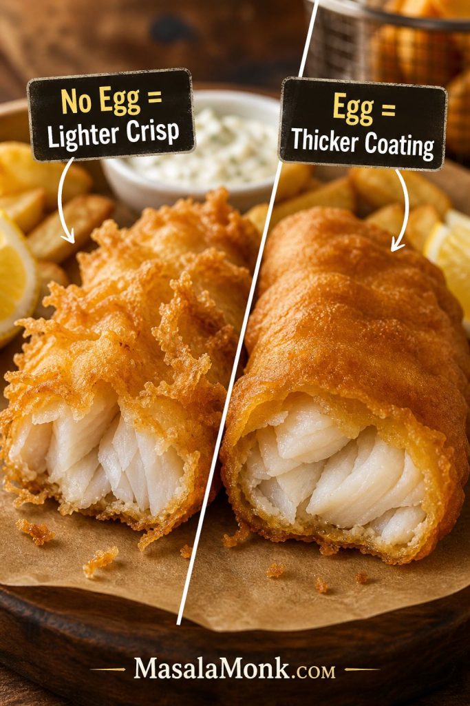 Comparison of fried fish batter made without egg and with egg, showing a lighter crisp coating and a thicker coating.