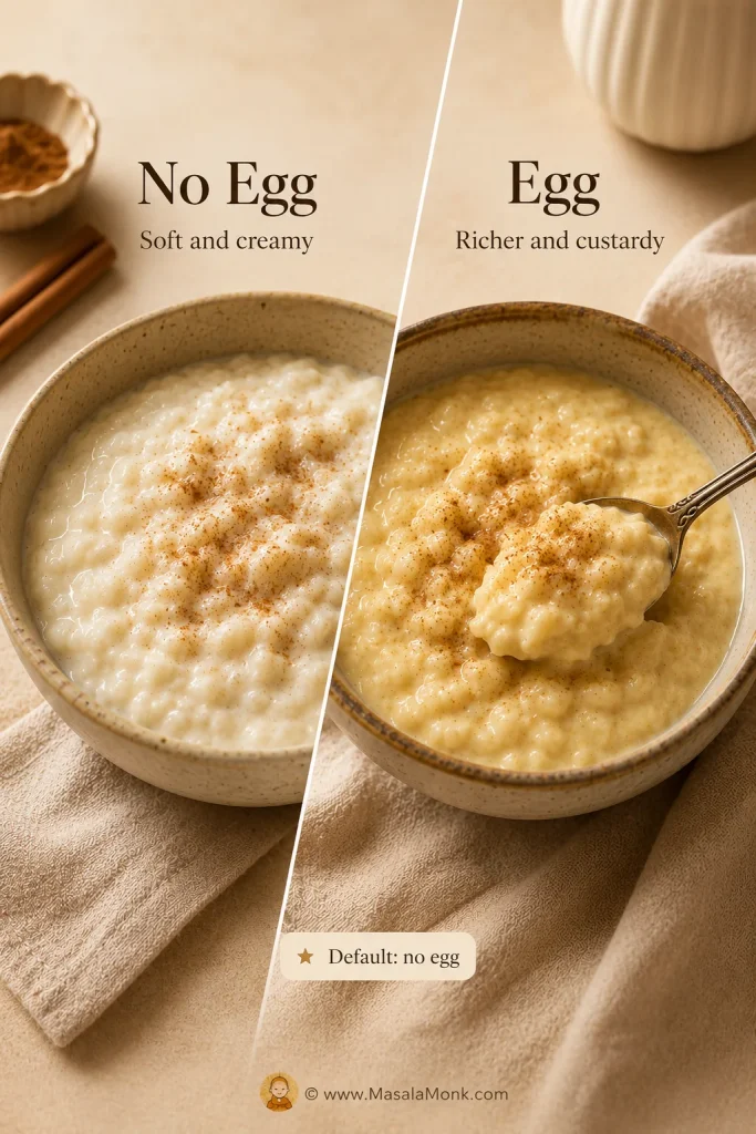 Comparison of no-egg rice pudding and egg rice pudding, showing a softer creamy version and a richer custardy version.
