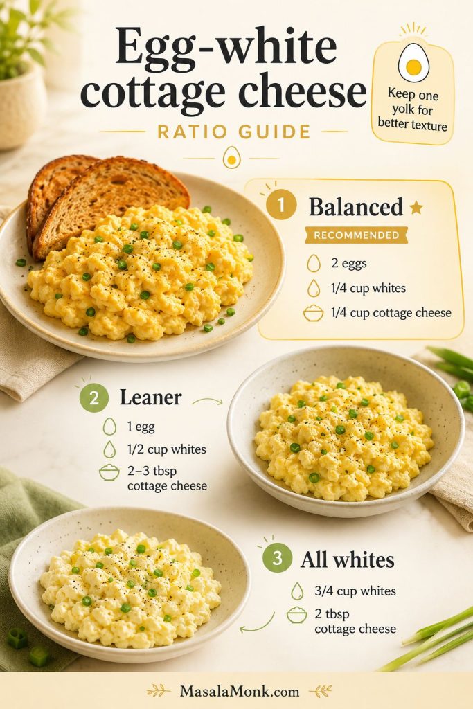 Egg-white cottage cheese scrambled eggs ratio guide with balanced, leaner, and all-egg-white versions.