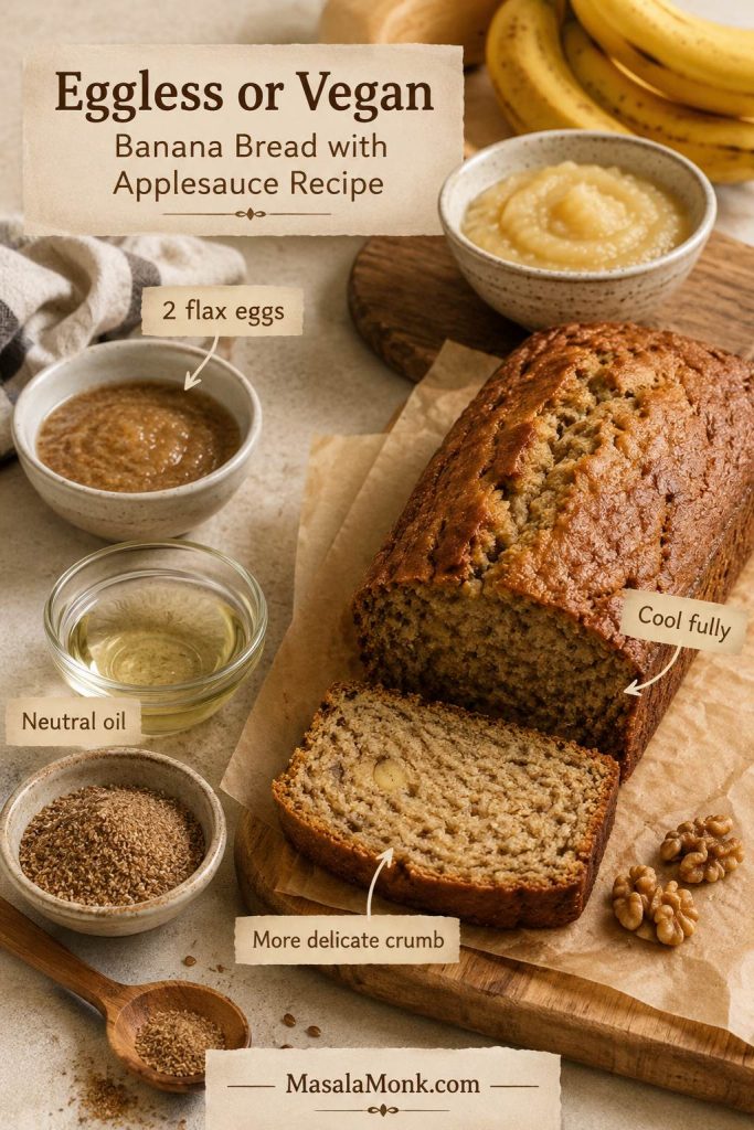 Eggless or vegan banana bread with applesauce showing flax egg, neutral oil, applesauce, and a sliced loaf.