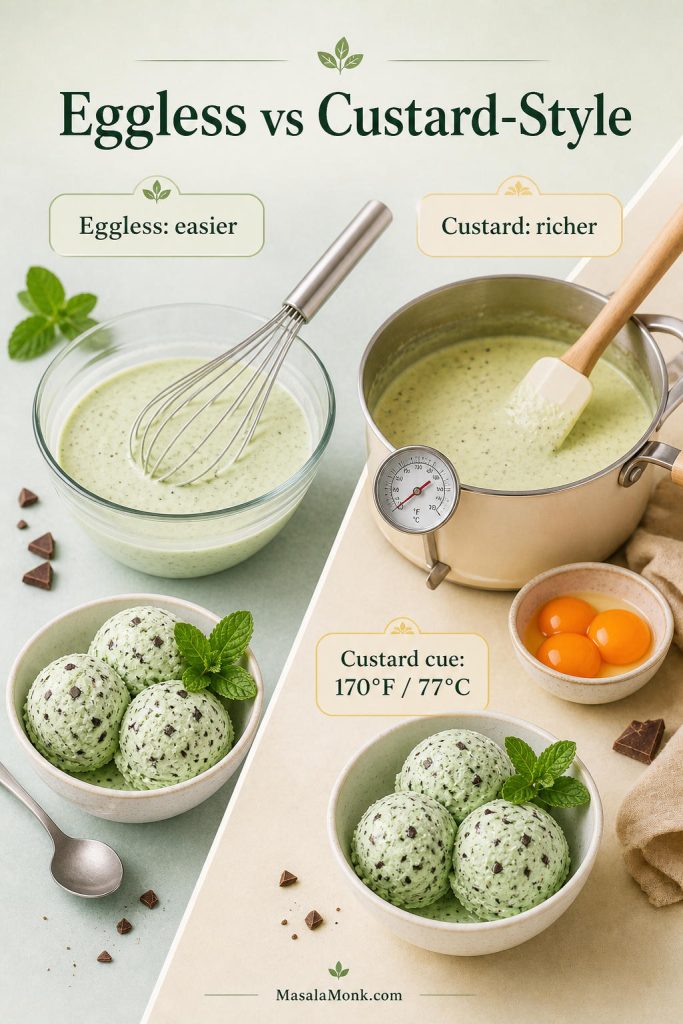 Eggless and custard-style mint chip ice cream compared with a cold base, cooked custard, egg yolks, and a 170°F temperature cue.