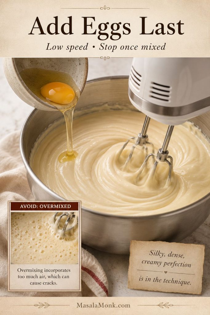 Egg being added slowly to cheesecake filling on low speed with a reminder to avoid overmixing.