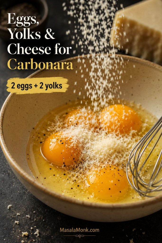 Bowl with two whole eggs, two extra yolks, grated cheese, and black pepper for carbonara sauce.