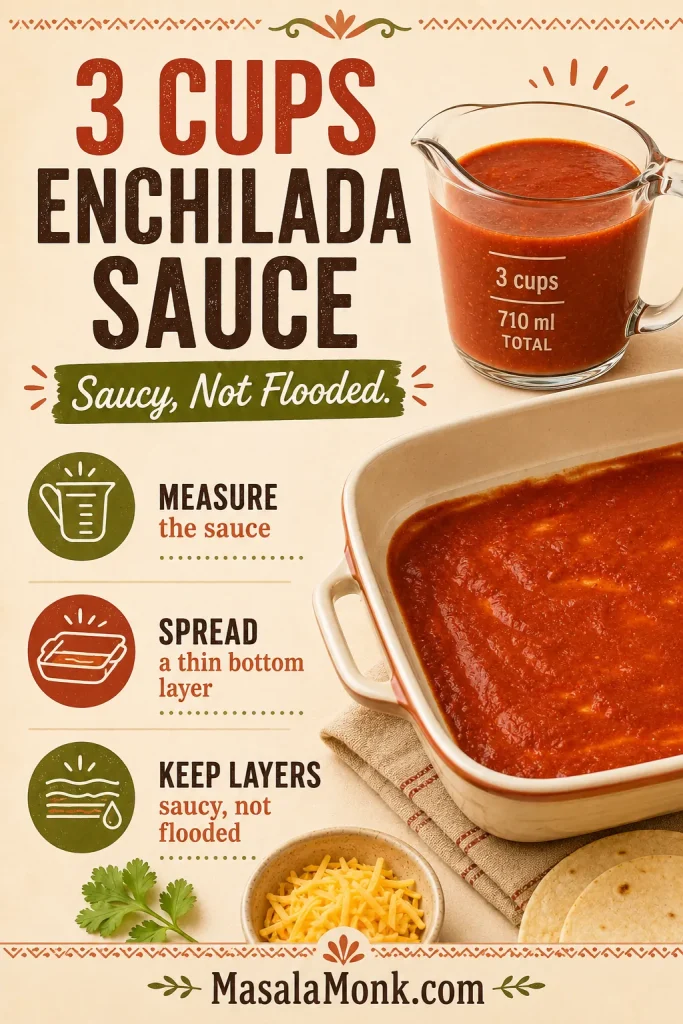 Enchilada sauce amount guide showing 3 cups or 710 ml total sauce for a saucy but not flooded casserole.