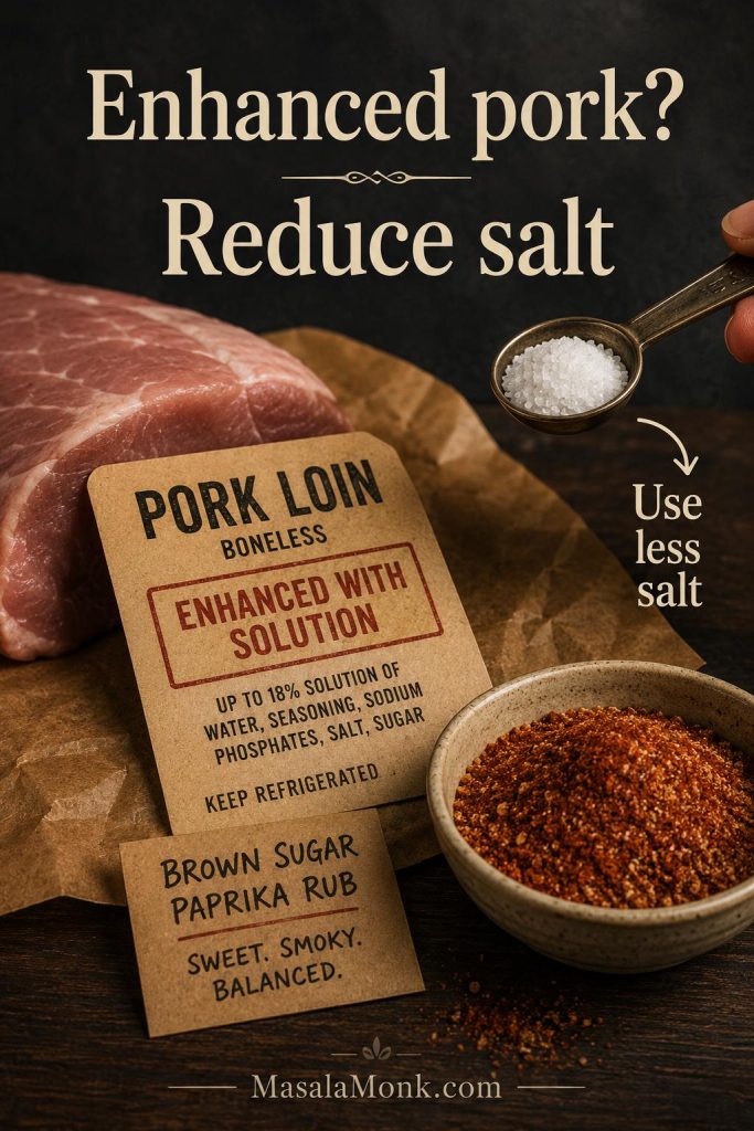 Pork loin package label showing enhanced or solution-added pork with a rub bowl and reduced salt cue