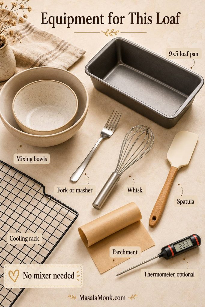 Equipment for banana bread with applesauce, including loaf pan, bowls, fork, whisk, spatula, parchment, rack, and thermometer.