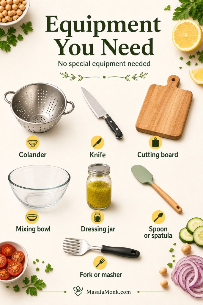 Equipment board for chickpea salad showing a colander, knife, cutting board, mixing bowl, dressing jar, spoon or spatula, and fork or masher.