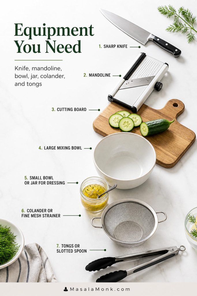 Basic tools for making cucumber salad, including a knife, mandoline, cutting board, mixing bowl, dressing jar, colander, and tongs.
