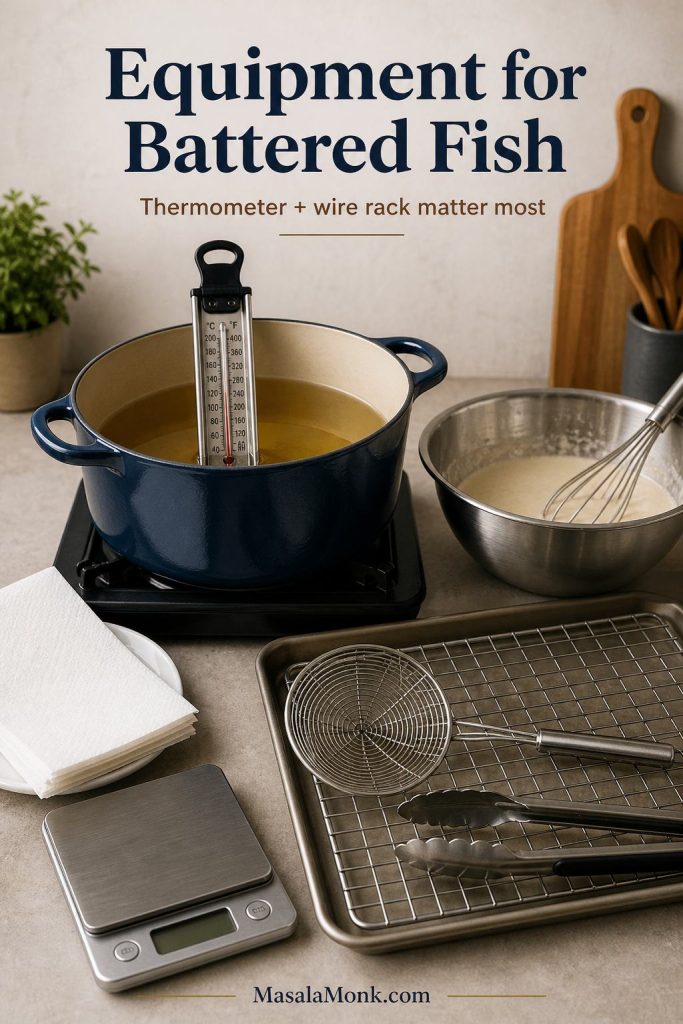 Frying equipment setup with a Dutch oven, thermometer, wire rack, sheet pan, spider strainer, tongs, mixing bowl, whisk, paper towels, and scale