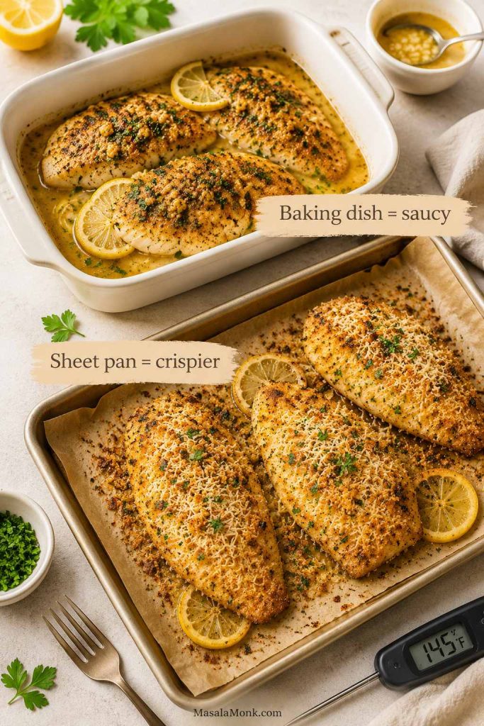 Baking dish and sheet pan options for oven baked tilapia, showing saucy fish in a dish and crispier fish on a pan.