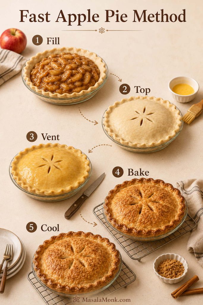 Step-by-step guide showing the fast method for making apple pie with canned filling, including filling the crust, topping the pie, venting, baking, and cooling.