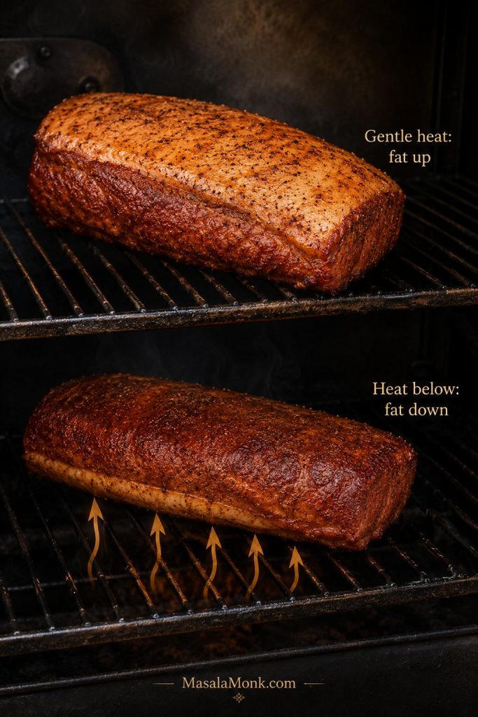 Two smoked pork loin roasts showing fat side up for gentle heat and fat side down when heat comes from below