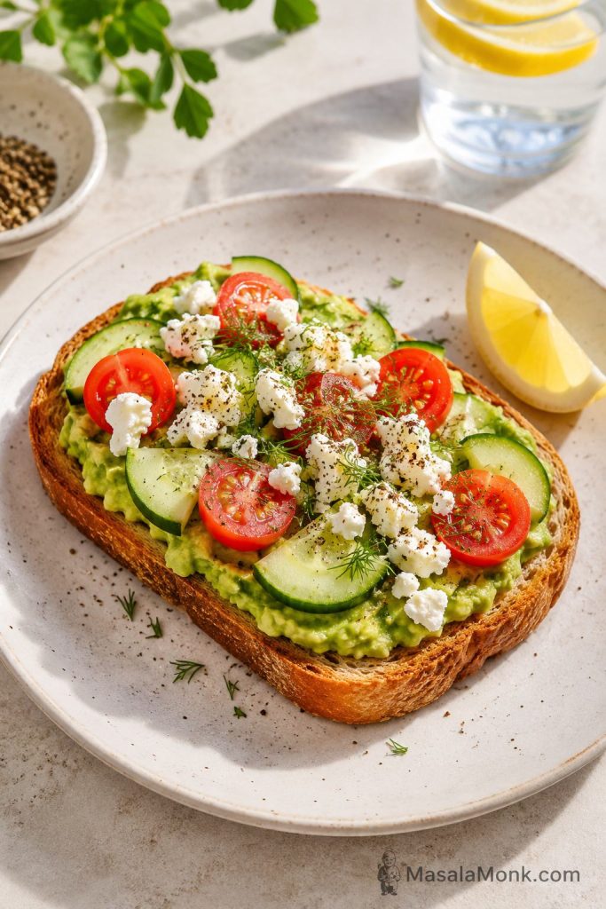Feta avocado toast with crumbled feta, cucumber, tomato, dill, black pepper, lemon, and seasoned avocado.