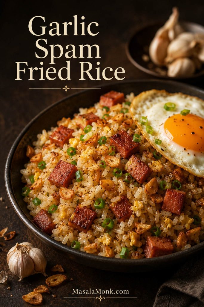 Garlic fried rice with crispy Spam, fried egg, scallions, and golden garlic pieces served on a plate.