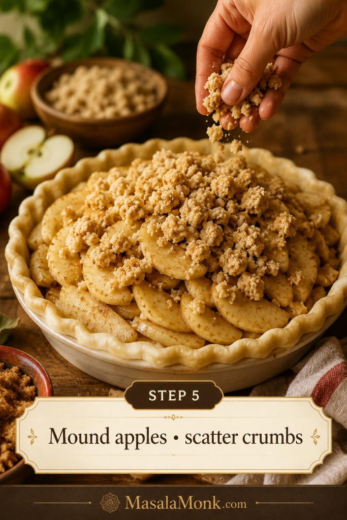 Dutch apple pie crust filled with mounded apple slices while crumb topping is scattered over the top.