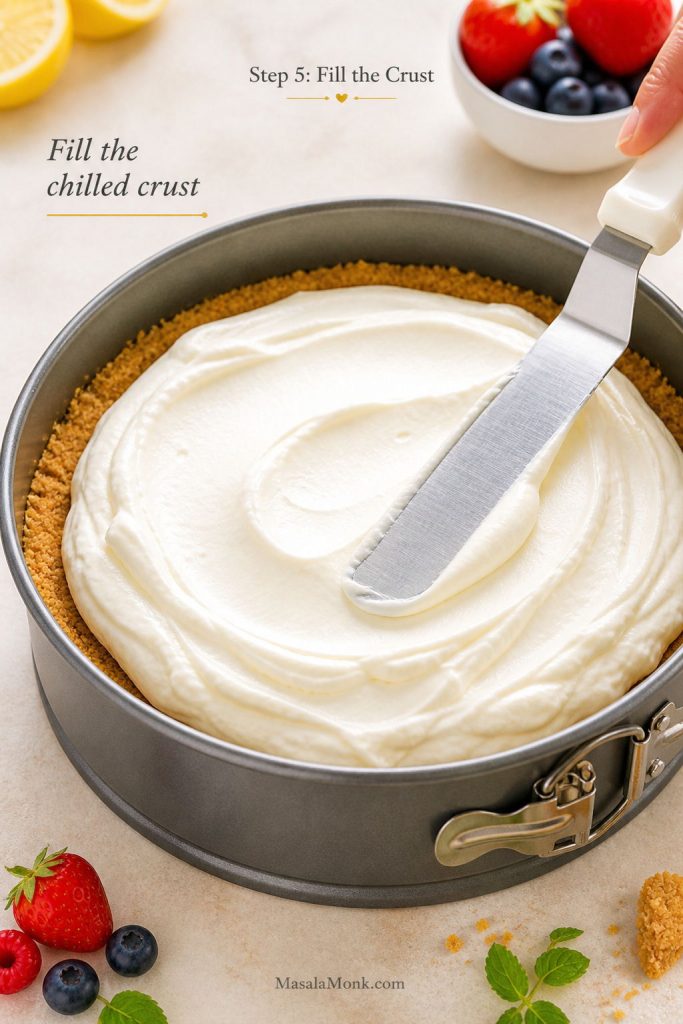 Thick cheesecake filling spread into a golden crumb crust in a springform pan with an offset spatula
