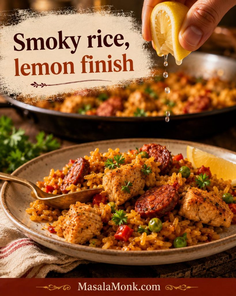 Plated serving of chicken and chorizo paella with golden rice, chicken, chorizo, peas and lemon being squeezed over the top.