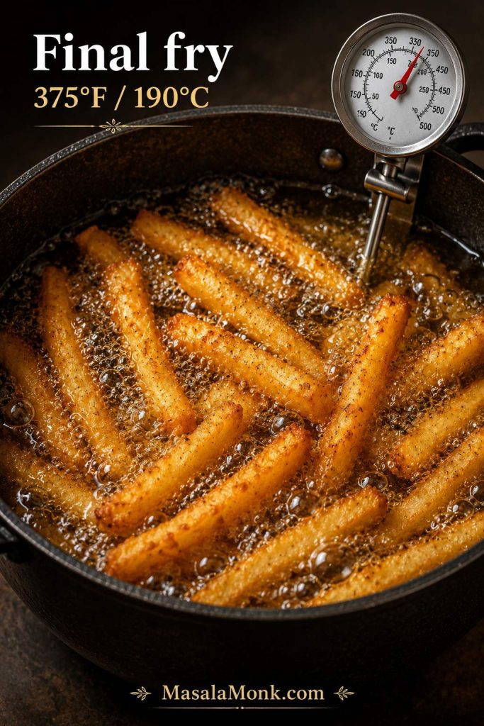 Battered fries frying in bubbling hot oil with a thermometer showing final fry temperature.
