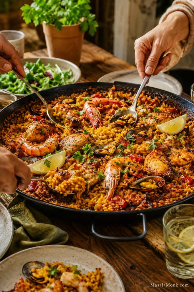 Finished home-stovetop mixed paella served at the table with spoons, saffron rice, chicken, shrimp, shellfish, lemon wedges, parsley, and toasted rice texture.