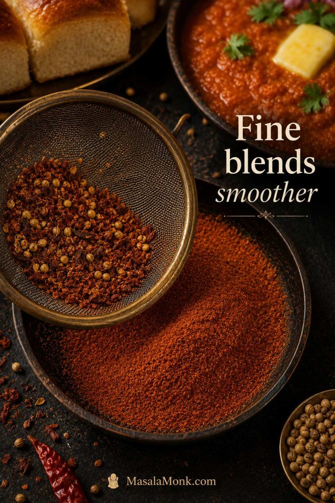 Fine reddish-brown pav bhaji masala powder compared with coarse spice bits caught in a sieve.