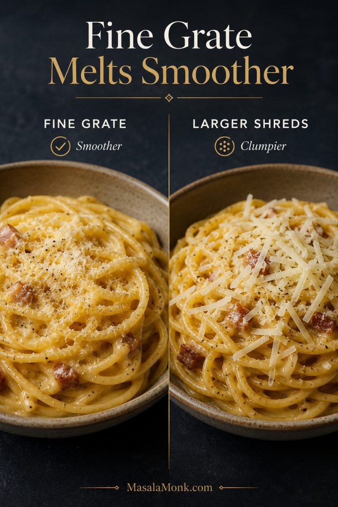 Finely grated cheese melting into warm pasta compared with larger cheese shreds that stay clumpy.