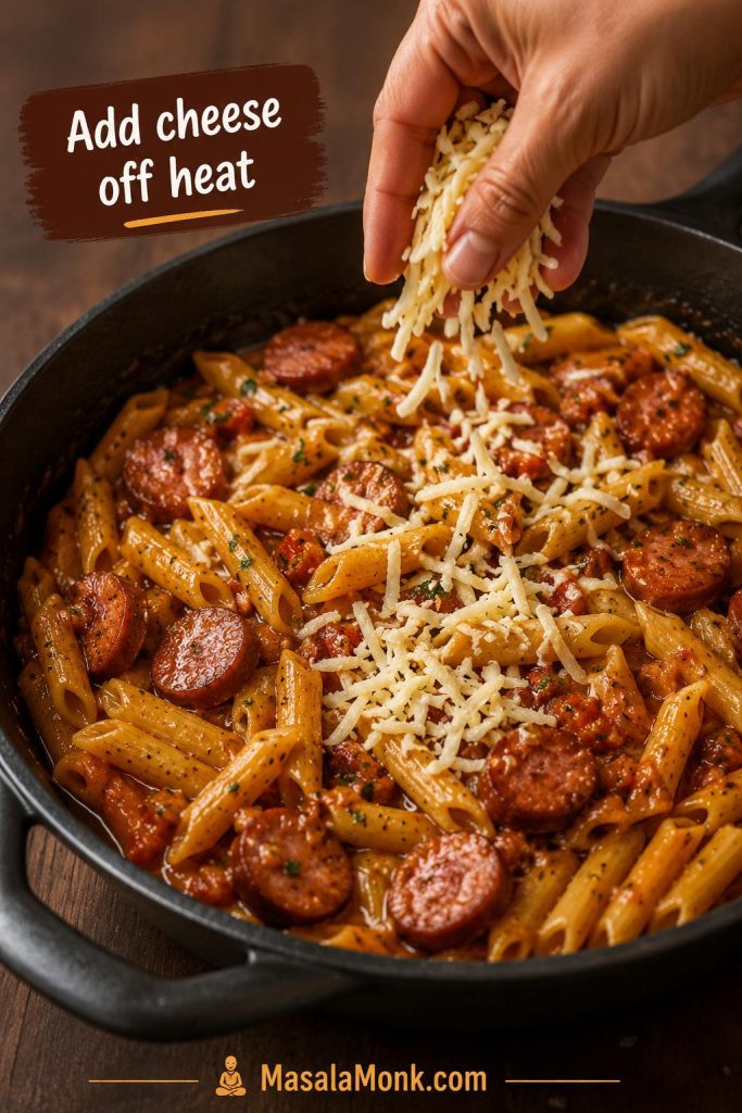 Shredded cheese being added to kielbasa pasta in a skillet with the text Add cheese off heat.